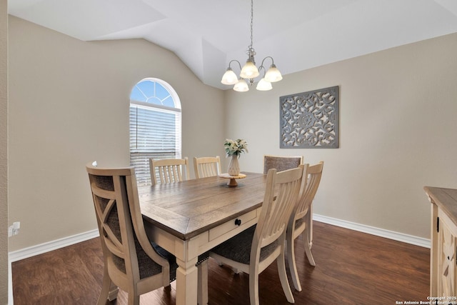 dining space with baseboards, lofted ceiling, dark wood-style floors, and a chandelier