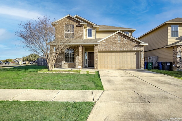 view of front of house featuring a garage, driveway, brick siding, and a front lawn