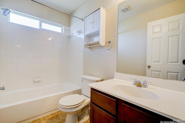 full bathroom featuring shower / tub combination, visible vents, toilet, and vanity