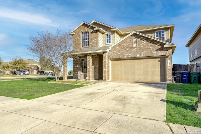 view of front of home featuring fence, a front lawn, concrete driveway, a garage, and brick siding