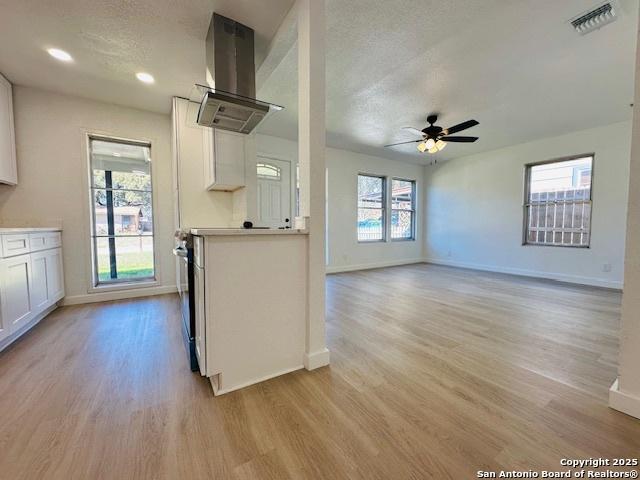 kitchen with light wood finished floors, visible vents, white cabinetry, and island exhaust hood