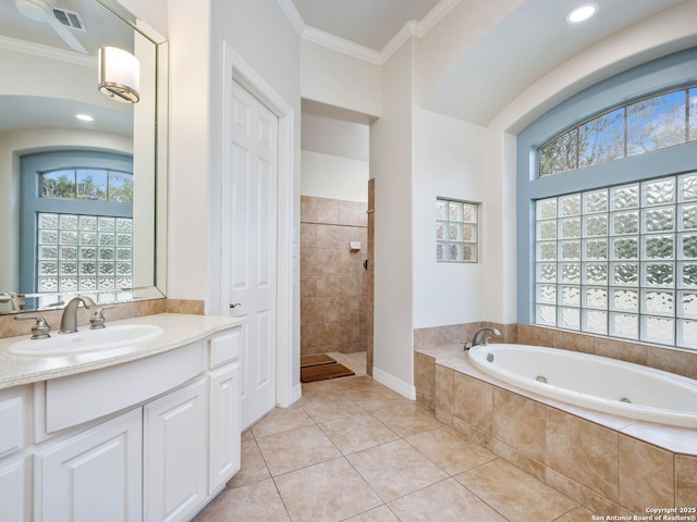 bathroom featuring a tub with jets, visible vents, a tile shower, ornamental molding, and tile patterned flooring