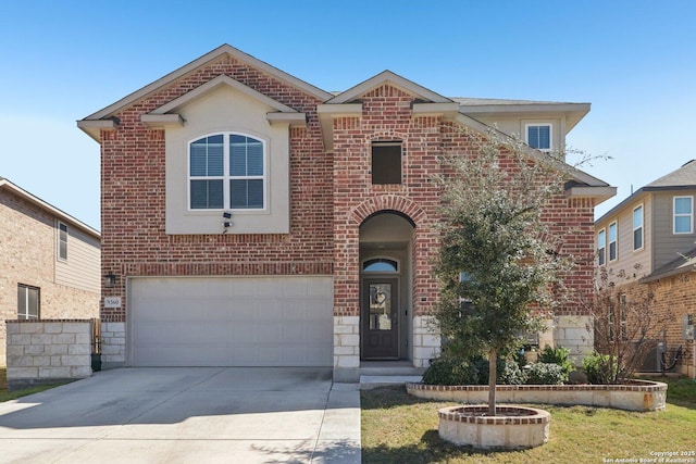 traditional home featuring brick siding, concrete driveway, and a garage