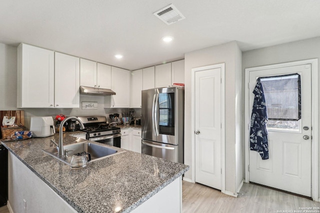 kitchen with visible vents, under cabinet range hood, a peninsula, stainless steel appliances, and a sink