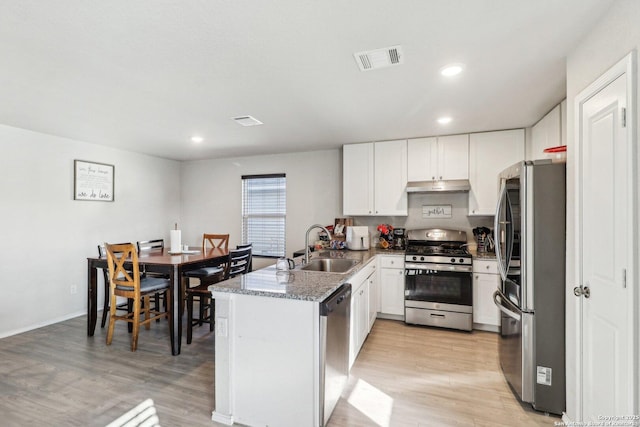 kitchen with visible vents, a sink, white cabinetry, stainless steel appliances, and a peninsula