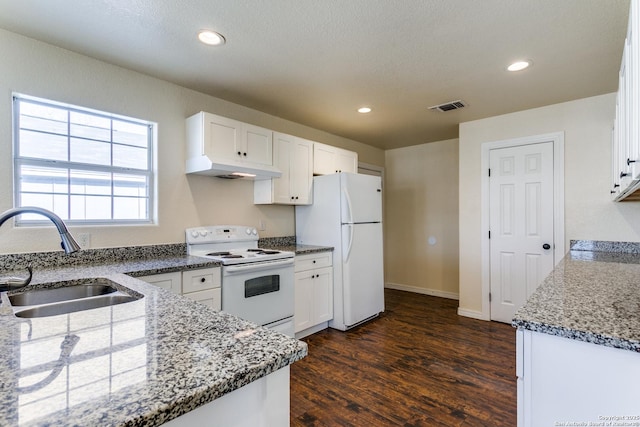 kitchen featuring visible vents, a sink, under cabinet range hood, white appliances, and white cabinets