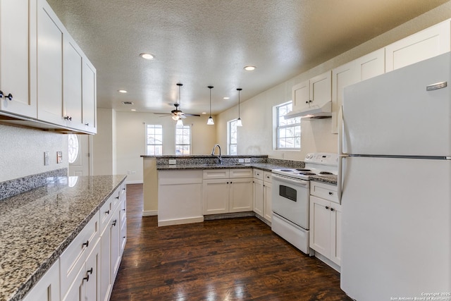 kitchen featuring a peninsula, dark wood-style floors, white cabinets, white appliances, and a sink