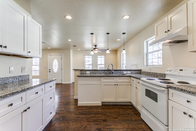 kitchen featuring a peninsula, a wealth of natural light, electric stove, and under cabinet range hood