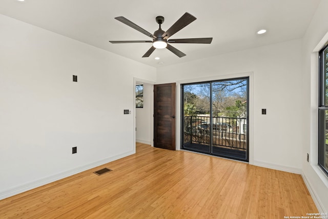 unfurnished room with visible vents, baseboards, ceiling fan, light wood-type flooring, and recessed lighting