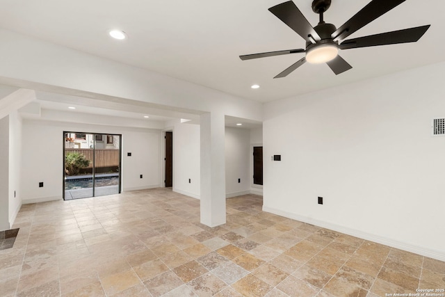 spare room with recessed lighting, baseboards, and ceiling fan