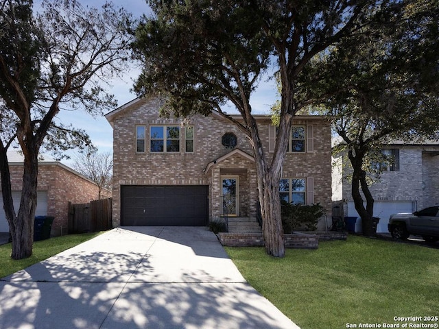 traditional home with driveway, a front lawn, fence, a garage, and brick siding