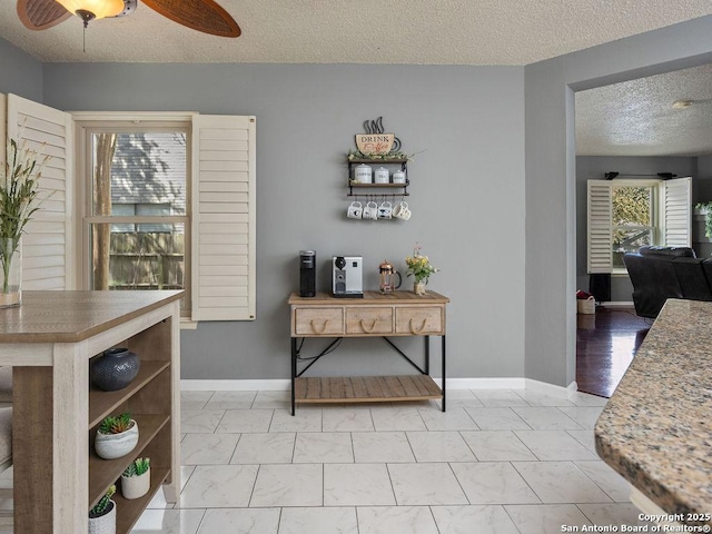 dining room featuring ceiling fan, a healthy amount of sunlight, baseboards, and a textured ceiling