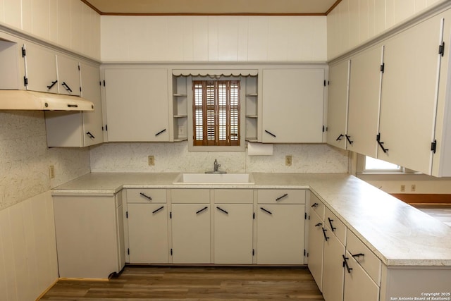 kitchen featuring open shelves, under cabinet range hood, light countertops, wood finished floors, and a sink