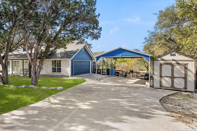 view of front of property with a front yard, an outbuilding, a storage unit, a garage, and stone siding