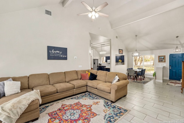 living room featuring visible vents, ceiling fan, wood tiled floor, beamed ceiling, and high vaulted ceiling