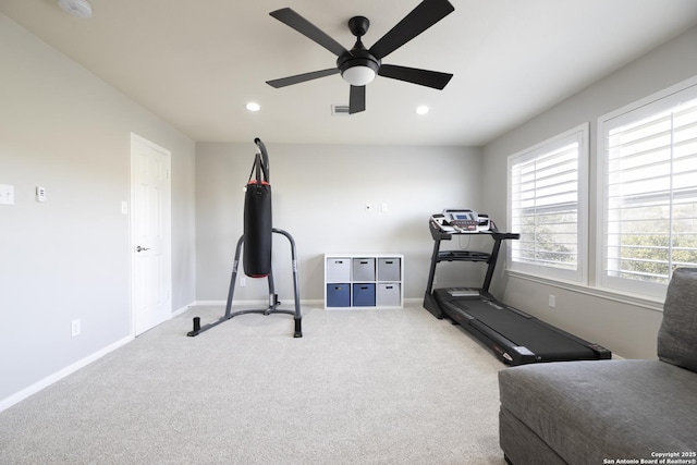 workout area featuring visible vents, baseboards, carpet, recessed lighting, and a ceiling fan