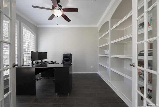 office with ceiling fan, crown molding, baseboards, and wood tiled floor