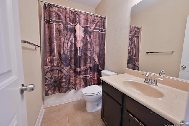 full bath with toilet, shower / tub combo with curtain, vanity, and tile patterned flooring