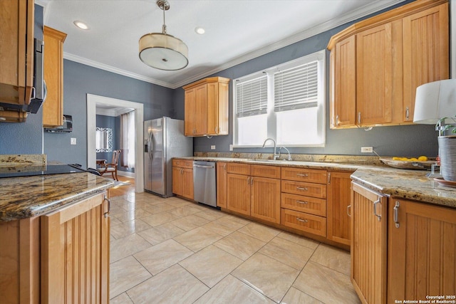 kitchen with a sink, a wealth of natural light, appliances with stainless steel finishes, and ornamental molding