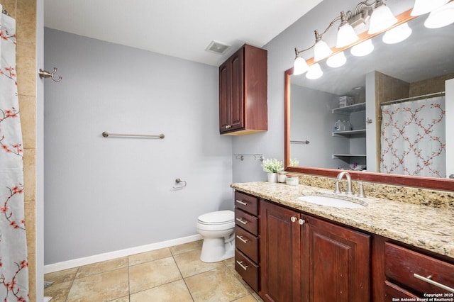 full bath with vanity, baseboards, visible vents, tile patterned floors, and toilet