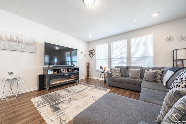 living room with a glass covered fireplace, baseboards, a textured ceiling, and wood finished floors