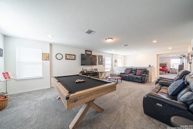 recreation room featuring billiards, visible vents, and carpet floors