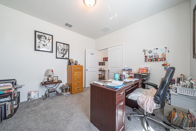 carpeted home office featuring visible vents