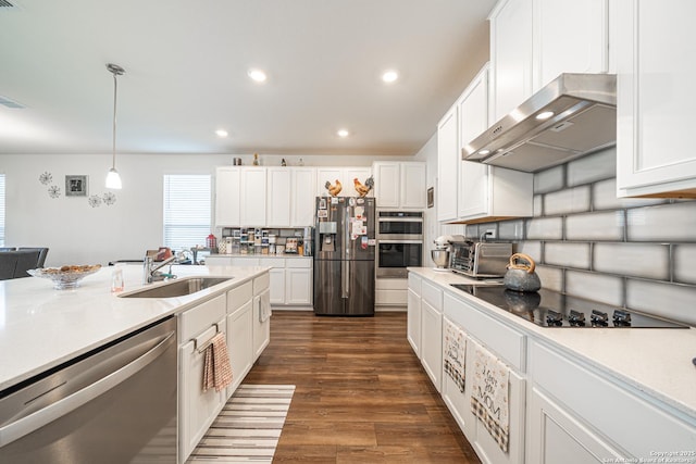 kitchen featuring ventilation hood, dark wood finished floors, stainless steel appliances, white cabinetry, and a sink