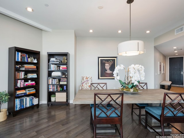 dining space with recessed lighting, visible vents, dark wood-style flooring, and baseboards