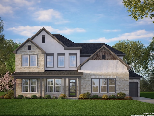 view of front facade with stucco siding, an attached garage, driveway, and a front lawn