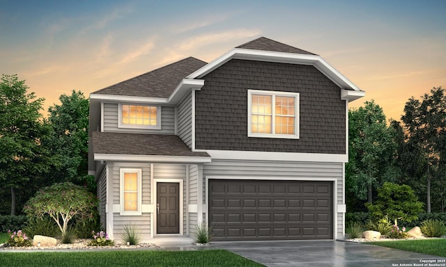 view of front facade featuring driveway, an attached garage, and roof with shingles