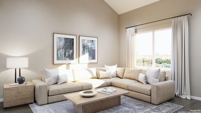 living area with baseboards, lofted ceiling, and dark wood-style flooring