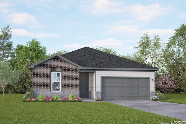 ranch-style house featuring a shingled roof, a front lawn, driveway, stone siding, and an attached garage