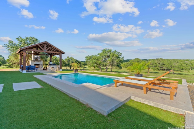 pool with a gazebo, a lawn, and a patio