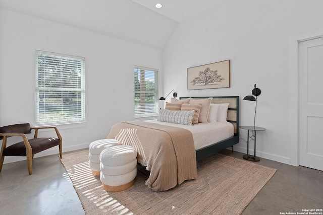 bedroom with vaulted ceiling, recessed lighting, baseboards, and concrete flooring