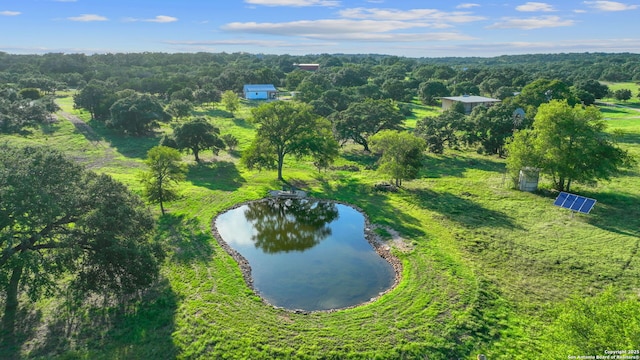 bird's eye view featuring a wooded view and a water view