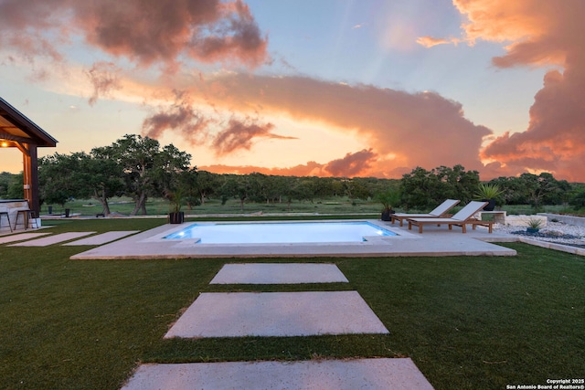 outdoor pool featuring a patio area and a yard