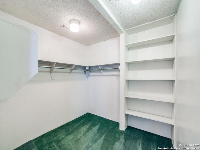 spacious closet featuring dark carpet