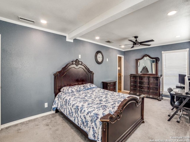 bedroom featuring visible vents, light carpet, and baseboards