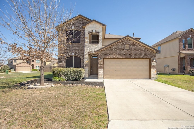 french provincial home featuring brick siding, a front lawn, a garage, stone siding, and driveway