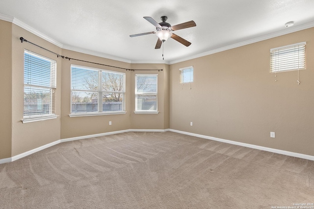 unfurnished room featuring baseboards, light carpet, and ornamental molding