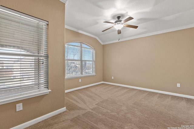 spare room featuring ceiling fan, baseboards, carpet, vaulted ceiling, and ornamental molding