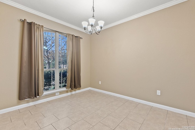 empty room featuring light tile patterned floors, baseboards, an inviting chandelier, and ornamental molding