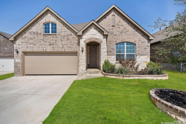 french country home with brick siding, a garage, driveway, and a front lawn