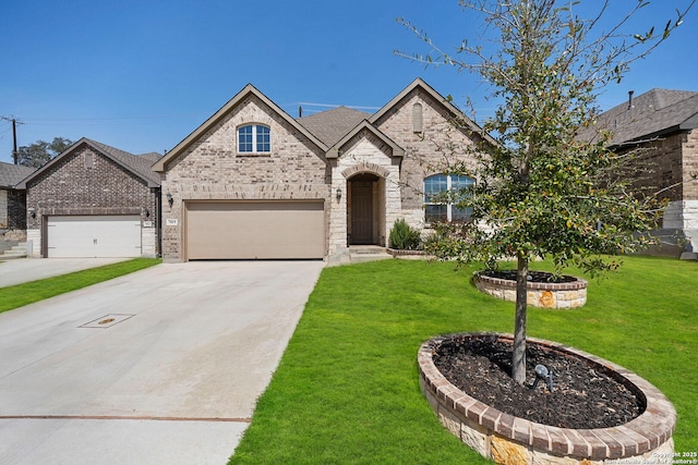 french country style house featuring driveway, a shingled roof, a front lawn, a garage, and brick siding