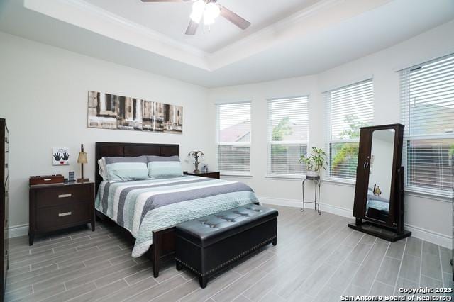 bedroom featuring baseboards, a raised ceiling, wood finish floors, and a ceiling fan