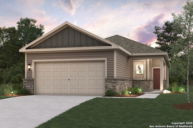 view of front of house featuring a yard, stone siding, board and batten siding, and concrete driveway