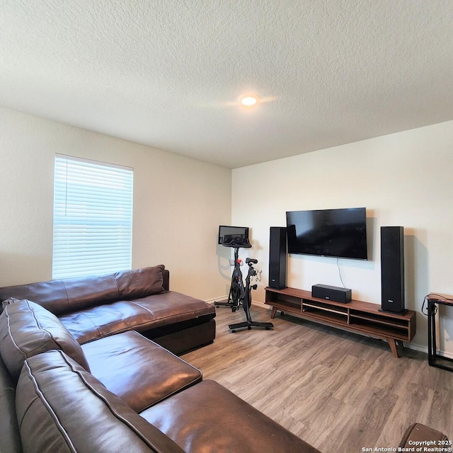 living area featuring baseboards, a textured ceiling, and wood finished floors