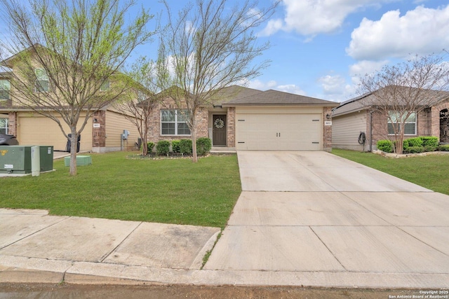 single story home with a garage, brick siding, concrete driveway, and a front lawn