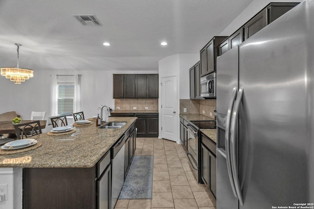 kitchen with visible vents, an island with sink, a sink, appliances with stainless steel finishes, and backsplash